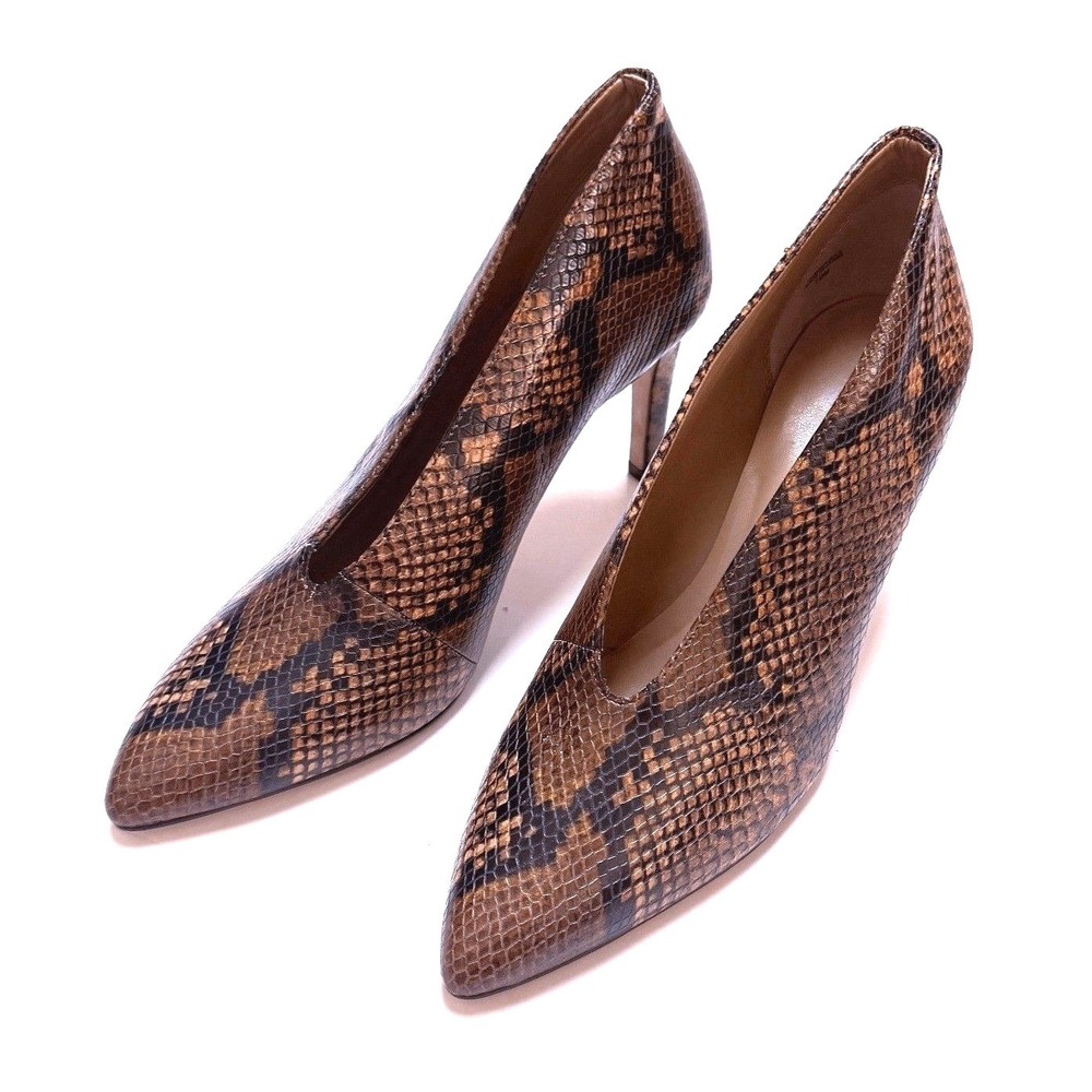 Ann Taylor Brown Snakeskin Embossed Leather V-Cut Pointed Toe Pumps 10M Trendy